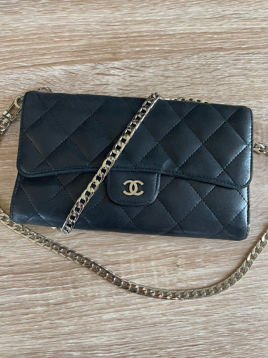 Chanel Black & Beige Matelasse Long Trifold Wallet on Chain